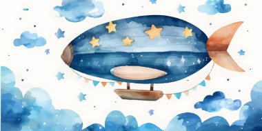 Tatlı suluboya gökyüzü sahnesi hava zeplini, çelenk, bulutlar ve yıldızlar, suluboya el çizimi