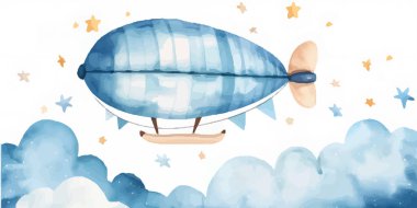 Tatlı suluboya gökyüzü sahnesi hava zeplini, çelenk, bulutlar ve yıldızlar, suluboya el çizimi