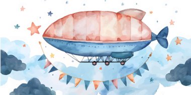 Tatlı suluboya gökyüzü sahnesi hava zeplini, çelenk, bulutlar ve yıldızlar, suluboya el çizimi