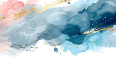 Suluboya sanat arka plan vektörü. Boya fırçası ve altın çizgili sanat eseri olan duvar kağıdı tasarımı. Toprak tonu mavi, pembe, fildişi, bej suluboya baskı, duvar resimleri, kapak ve davetiye kartları.