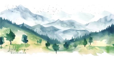 Dağlı ve ağaçlı suluboya manzara, Orman suluboya vektörü