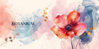 Soyut sanat arka plan vektörü. Altın çizgili sanat çiçekli, botanik yapraklı, organik şekilli, suluboyalı lüks duvar kağıdı. Pankart, poster, Web ve Paketleme için vektör arkaplanı