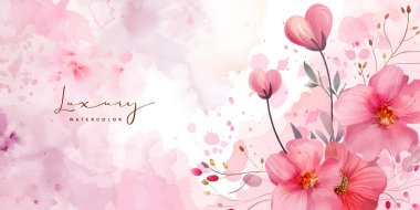 Suluboya vektör arka planı. Lüks çiçek duvar kağıdı tasarımı, yabani çiçek, çizgi sanatı, kalp.