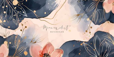 Soyut sanat arka plan vektörü. Altın çizgili sanat çiçekli, botanik yapraklı, organik şekilli, suluboyalı lüks duvar kağıdı. Pankart, poster, Web ve Paketleme için vektör arkaplanı