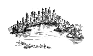 Göl ve ormanlı vahşi doğa çizimi. El çizimi illüstrasyon vektöre çevrildi.