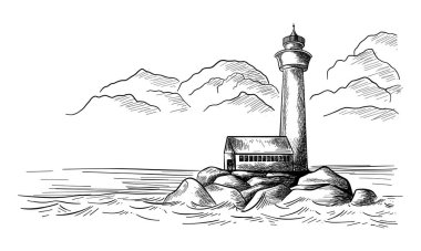 Denizdeki deniz feneri. Vektör çizimi. El çizimi çizim