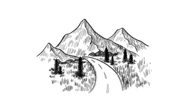 Yolu ve dağları olan bir manzara çizimi. El çizimi illüstrasyon vektöre çevrildi