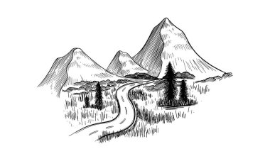 Yolu ve dağları olan bir manzara çizimi. El çizimi illüstrasyon vektöre çevrildi