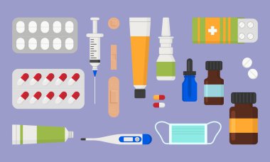İlaçlar. İlaçlar. Maske, tablet, şırınga, yara bandı, merhem, sprey, termometre. Vektör illüstrasyonu