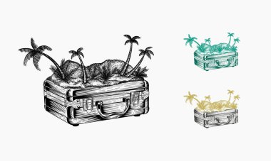 El çizimi yaz illüstrasyonu, içinde ada plajı olan valiz, yaz yolculuğu valiz tasarımı.
