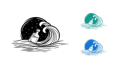 Vektör çizim oyma şişe bir mesaj. Yönetim Kurulu tarzı taklit kaşı. Elle çizilmiş resim.