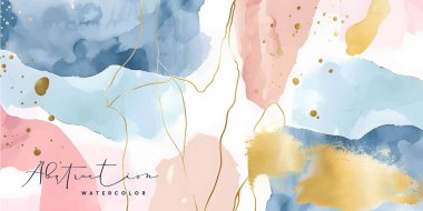 Suluboya sanat arka plan vektörü. Boya fırçası ve altın çizgili sanat eseri olan duvar kağıdı tasarımı. Toprak tonu mavi, pembe, fildişi, bej suluboya baskı, duvar resimleri, kapak ve davetiye kartları.