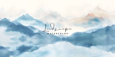 Dağ manzarası arka plan vektörü. Suluboya fırça desenli Doğu Lüks peyzaj tasarımı. Duvar kağıdı tasarımı, ev dekorasyonu ve baskılar için duvar sanatı.