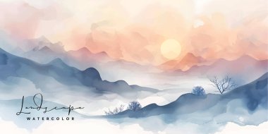 Dağ manzarası arka plan vektörü. Suluboya fırça desenli Doğu Lüks peyzaj tasarımı. Duvar kağıdı tasarımı, ev dekorasyonu ve baskılar için duvar sanatı.