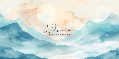 Dağ manzarası arka plan vektörü. Suluboya fırça desenli Doğu Lüks peyzaj tasarımı. Duvar kağıdı tasarımı, ev dekorasyonu ve baskılar için duvar sanatı.