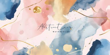 Suluboya sanat arka plan vektörü. Boya fırçası ve altın çizgili sanat eseri olan duvar kağıdı tasarımı. Toprak tonu mavi, pembe, fildişi, bej suluboya baskı, duvar resimleri, kapak ve davetiye kartları.