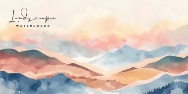 Dağ manzarası arka plan vektörü. Suluboya fırça desenli Doğu Lüks peyzaj tasarımı. Duvar kağıdı tasarımı, ev dekorasyonu ve baskılar için duvar sanatı.