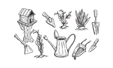 El çizimi vektör çizimi. Bahçe koleksiyonu (kuş evi, yuva, aletler, tohumlar, fidanlar, sulama kutusu). Eskiz tarzında bahar simgeleri. Davetiyeler, tebrik kartları, bloglar, posterler için mükemmel.