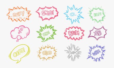 Ünlem bulutları eskiz ve onomatopoeia çizgi roman işaretleri, çizgi film duyguları için yıldızlar, ifadeli baloncuklar, diyalog pop. Bam, bam, bam, bam, bam, bam, bam, bam, bam, bam.