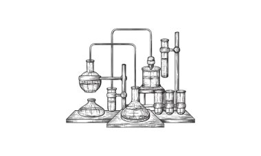 Kimyasal laboratuvar natürmort stil vektör çizim kroki. Eski elle çizilmiş taklit oyma.