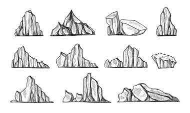 Kroki veya çizilmiş dağlar el izole buzdağları kümesidir. Donmuş su veya kayalar sürüklenen. Antarktika buz denizi doruklarına. Soğuk Icicle. Kuzey ve Güney Kutbu, Doğa ve kristal, soğuk ve Kış Tema