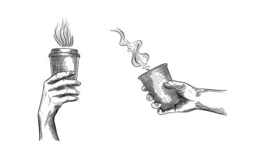 El seti bir fincan kahve tutuyor. Mürekkep siyah beyaz çizim