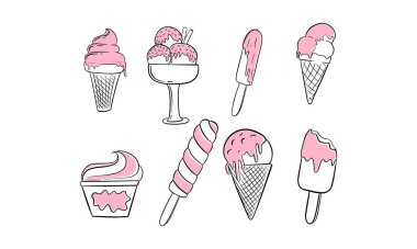Basit siyah-beyaz bir şekilde çizilmiş külahlar, buzlu şekerler ve fincanlar da dahil olmak üzere farklı pembe dondurma türlerinin bir çizimi.