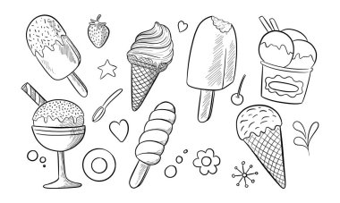 Çeşitli dondurma parçalarının el yapımı çizimleri. Koniler, buzlu şeker ve bir kase buzlu şekerleme de dahil..