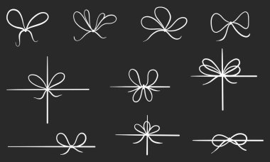 Çeşitli yay ve kurdele stillerinin el yapımı çizimleri, hediye paketleme veya tasarım projeleri için idealdir..