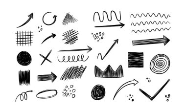 Beyaz arkaplanda el çizimi siyah geometrik şekiller ve oklar var..