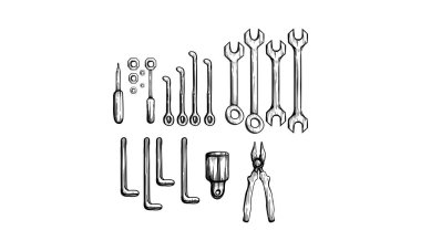 Anahtarlar, tornavidalar, pense ve fındık da dahil olmak üzere el yapımı aletler koleksiyonu..