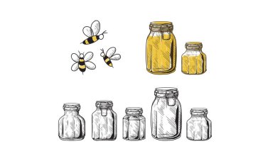 A hand-drawn sketch featuring various sized honey jars with bees flying around. clipart