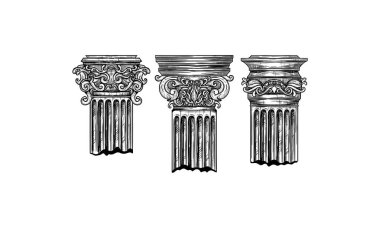 Resim, klasik bir mimari stili sergileyen, karmaşık ayrıntılı sütun başkentlerinin üç el çizimi çizimini içeriyor..