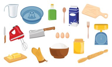 Tabaklar, malzemeler ve aletler de dahil olmak üzere resimli pişirme ve pişirme malzemeleri seti..