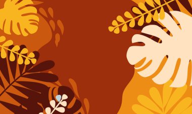 Kahverengi ve sarı çiçek elementleri, beyaz bir yaprak ve negatif bir alan içeren soyut bir arka plan..