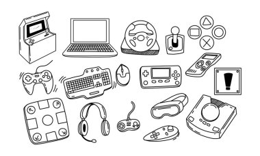 Oyun teknolojisinin evrimini gösteren çeşitli oyun aletlerini ve kontrollerini tasvir eden el yapımı bir illüstrasyon..