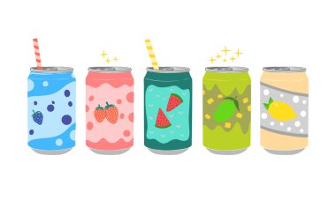 Beş renkli meyve aromalı soda kutusunun bembeyaz arka planda pipetleri olan bir tasviri.