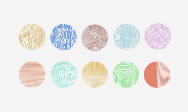 Çizgiler, dalgalar, girdaplar, karalamalar ve noktalar gibi çeşitli renkler ve çizgiler içeren dairesel desenlerin düzenlenmesi.