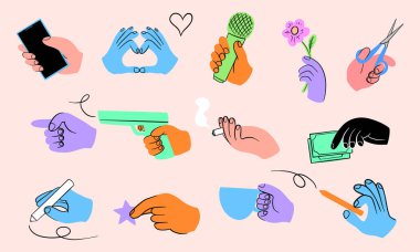 Çeşitli el hareketlerini temsil eden renkli bir tasvir. Telefon tutmak, aşkı ifade etmek, mikrofon kullanmak, çiçek tutmak, makas tutmak, silah tutmak, sigara içmek, para tutmak gibi.
