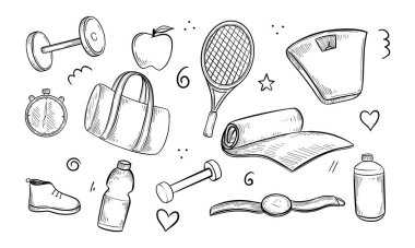 A hand-drawn sketch of various fitness and sports equipment, including dumbbells, a tennis racket, a scale, a stopwatch, a gym bag, a yoga mat, a shoe, a water bottle, and a watch. clipart