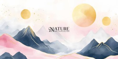 Gökyüzünde altın halkalar olan sakin, dağlık bir manzarayı resmeden suluboya bir tablo..