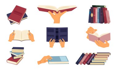 Kitapları göstermenin ve tutmanın çeşitli yollarını gösteren, okuma ve öğrenme eylemini vurgulayan bir illüstrasyon.