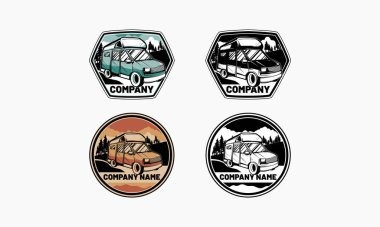 Orman manzarasında yolculuk ve macerayı temsil eden bir minibüsü tasvir eden bir dizi stilize logo..