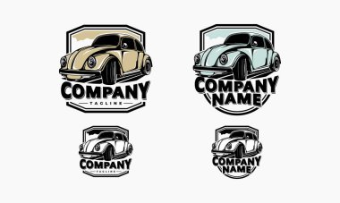 Şirket adı ve slogan varyasyonları ile klasik bir araba çizimi içeren dört farklı logo tasarımı.