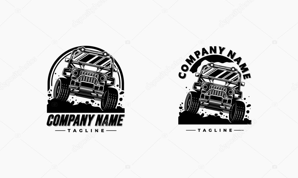 A black and white logo design featuring an off-road vehicle, stylized text, and a tagline.