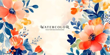 Turuncu, sarı ve mavi çiçeklerin ve yaprakların yer aldığı çiçek arkaplanının suluboya çizimi.