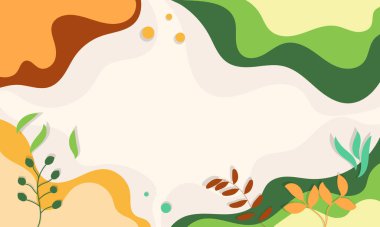 Dalgalı şekilleri ve yeşil, sarı, turuncu ve kahverengi yaprakları olan renkli soyut bir arkaplan.