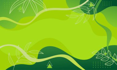 Beyaz yaprak siluetleri, dalgalı çizgileri ve yeşil bir üçgeni olan soyut yeşil bir arka plan..