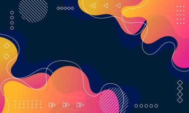 Renkli sıvı şekilleri ve koyu mavi bir zemin üzerinde canlı tonlarda geometrik elementlerin yer aldığı modern soyut bir arkaplan..