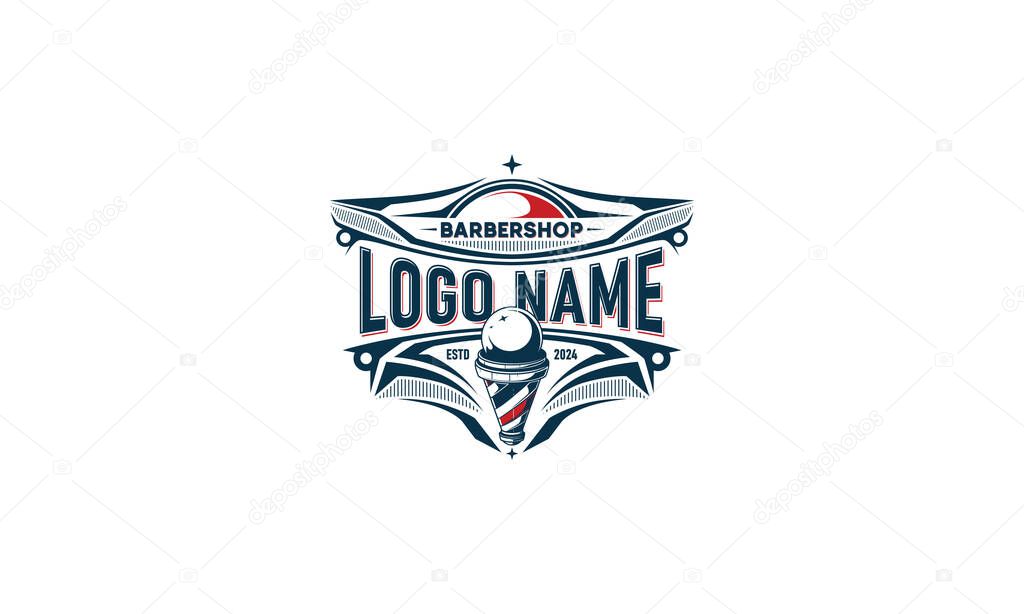 A stylized logo for a barbershop featuring a barber pole, ornamental design, and the name of the shop.